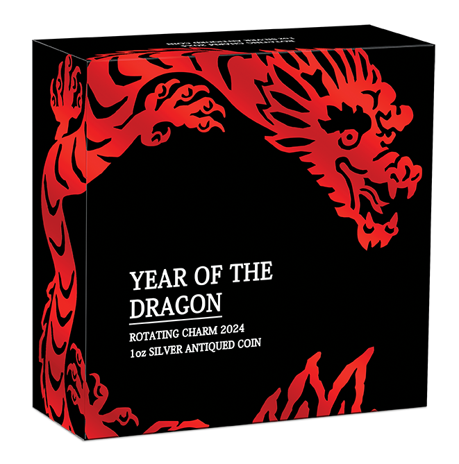 YEAR OF THE DRAGON ROTATING CHARM 2024 1OZ SILVER ANTIQUED COIN