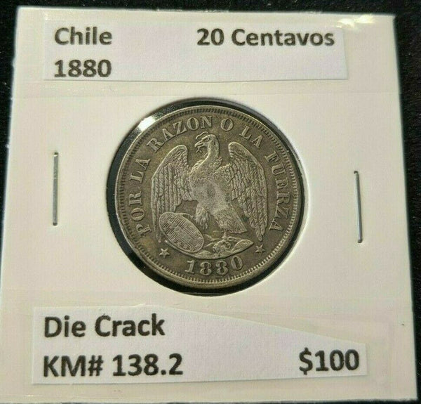 Chile 1880 20 Centavos Die Crack KM# 138.2