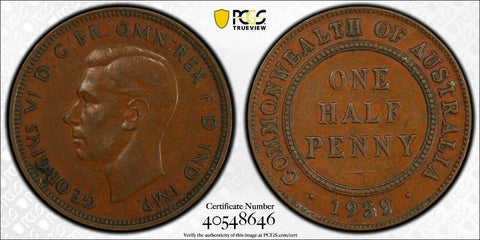 1939 Half Penny 1/2d Australia PCGS AU50 aUNC KM# 35 Die Crack #1702