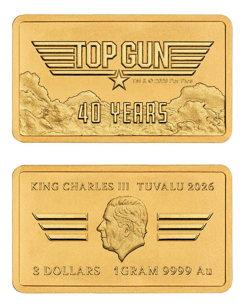 2026 40 Years of Top Gun 1g gold rectangular coin reverse and obverse