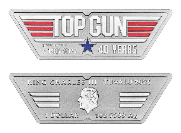 2026 40 Years of Top Gun 1oz silver coloured shaped coin reverse and obverse