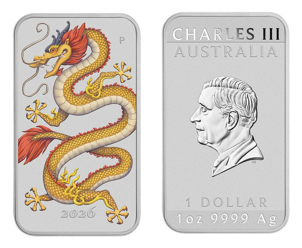 2026 Golden Dragon 1oz Silver Coloured Rectangular Coin in Card