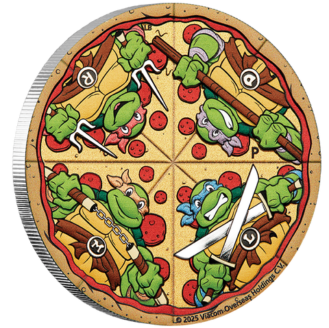 Circular pizza-shaped coin with cartoon teenage mutant ninja turtle characters and weapons on a white background
