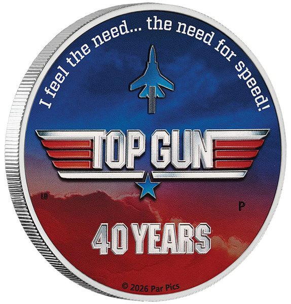 2026 40 Years of Top Gun 1oz silver coloured coin on edge