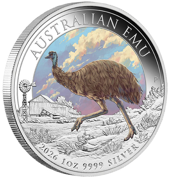 2026 Australian Emu 1oz silver coloured coin on edge