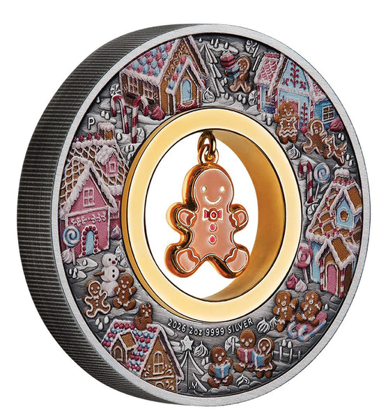 2026 Gingerbread Christmas 2oz silver antiqued coloured coin on edge