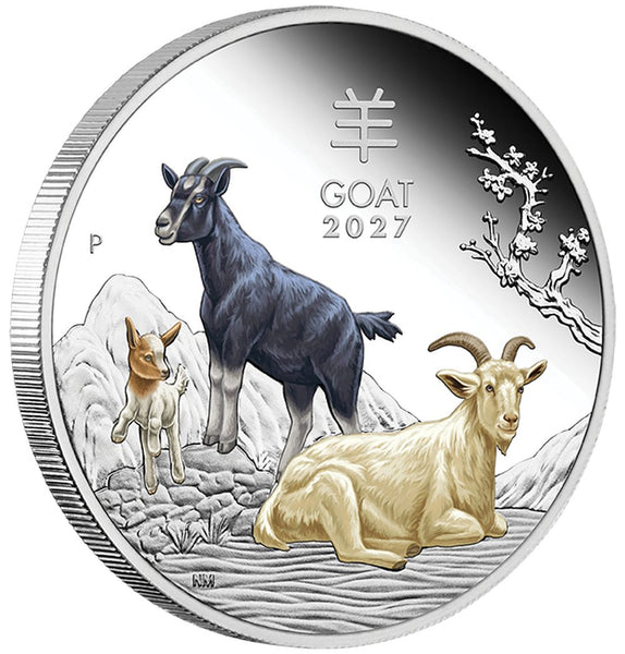 2027 Year of the Goat 1oz silver proof coloured coin on edge