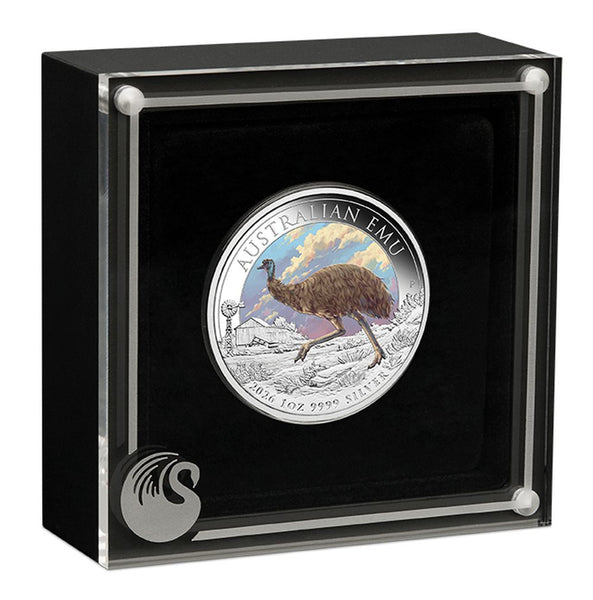 2026 Australian Emu 1oz silver coloured coin in display case