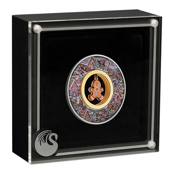 2026 Gingerbread Christmas 2oz silver antiqued coloured coin in presentation case