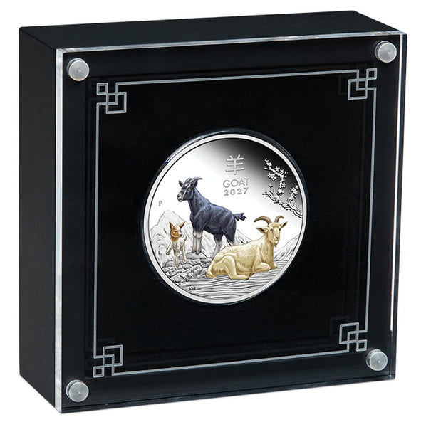 2027 Year of the Goat 1oz silver proof coloured coin in display case