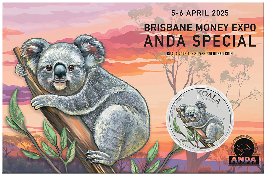 Brisbane Money Expo 2025 - Koala 2025 1oz Silver Coloured Coin in Card ANDA