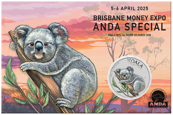 Brisbane Money Expo 2025 - Koala 2025 1oz Silver Coloured Coin in Card ANDA