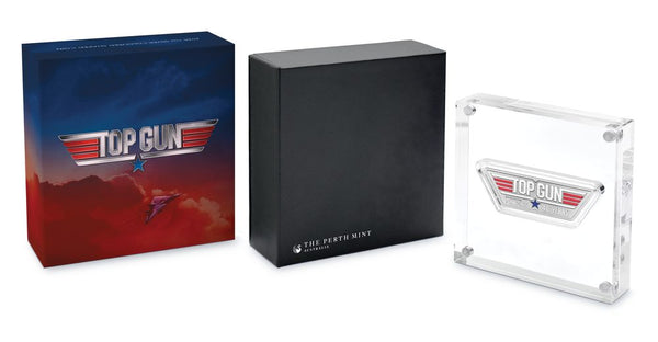2026 40 Years of Top Gun 1oz silver coloured shaped coin with presentation box and shipper