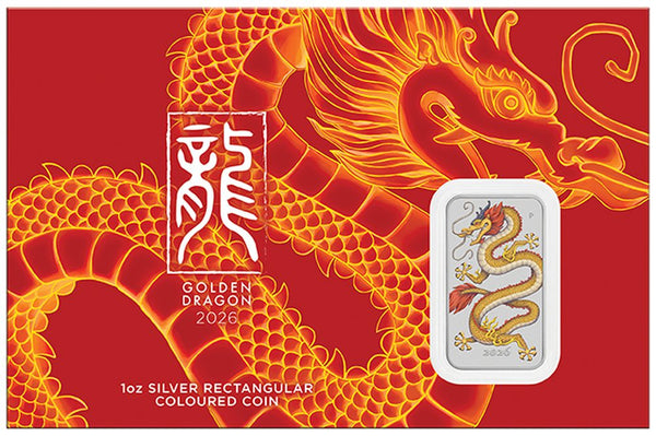 2026 Golden Dragon 1oz Silver Coloured Rectangular Coin in Card