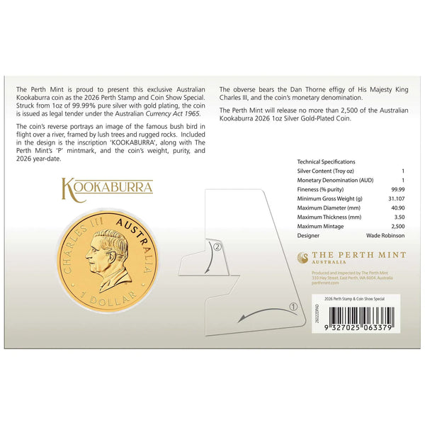 Perth Stamp and Coin Show Special Kookaburra 2026 1oz Silver Gold-Plated Coin in Card