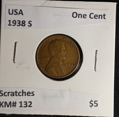 USA 1938 S One Cent KM# 132 Scratches #558 #28A