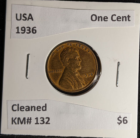 USA 1936 One Cent KM# 132 Cleaned #570 #28A