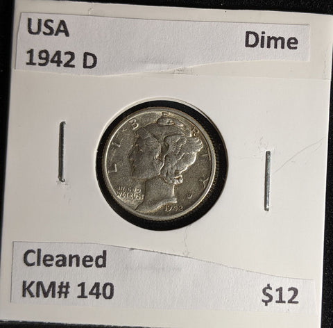USA 1942 D Dime KM# 140 Cleaned #639 #28B