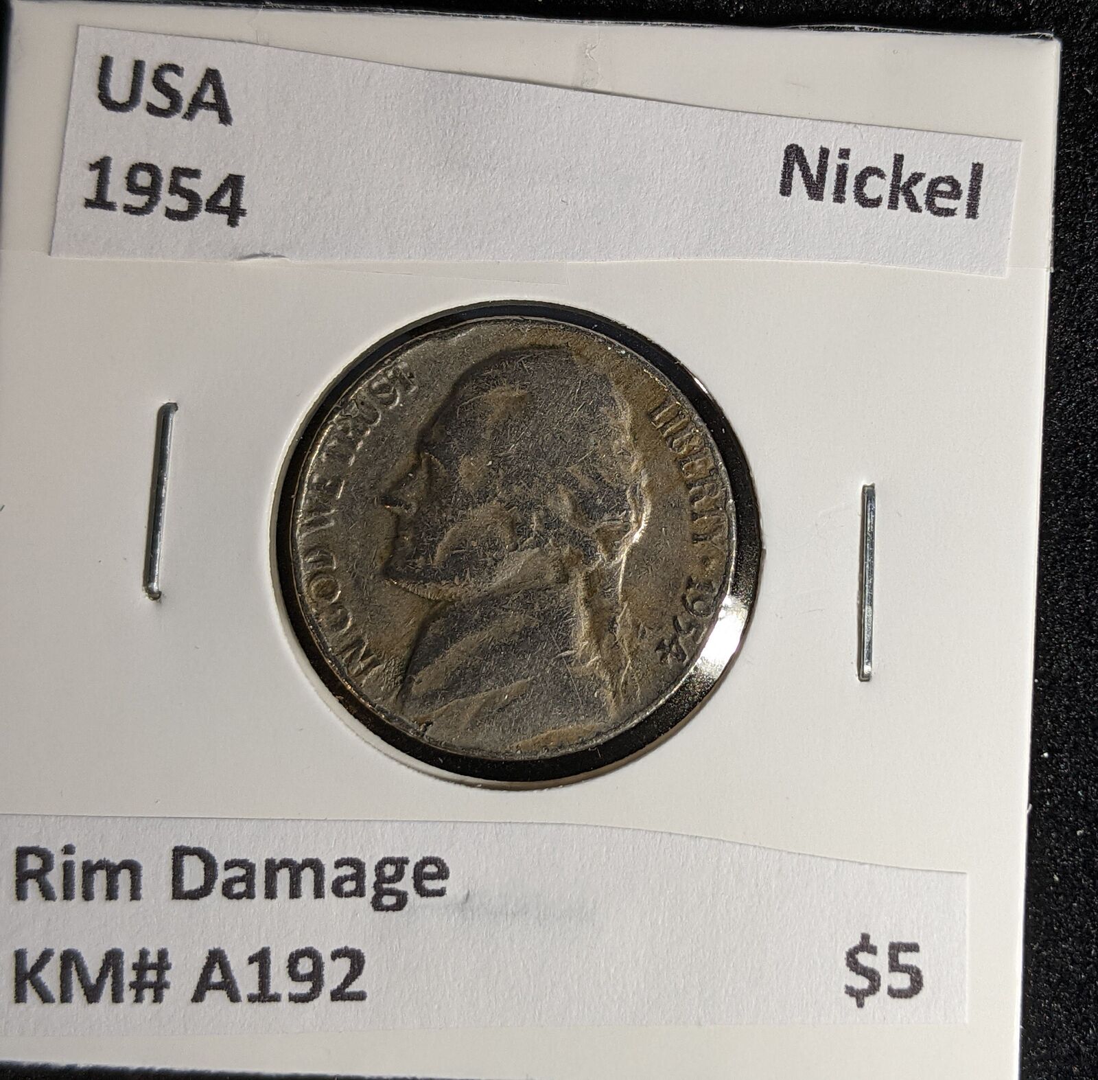 USA 1954 Nickel KM# A192 Rim Damage #593 #28
