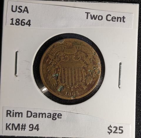 USA 1864 Two Cent KM# 94 Rim Damage #178 #29A