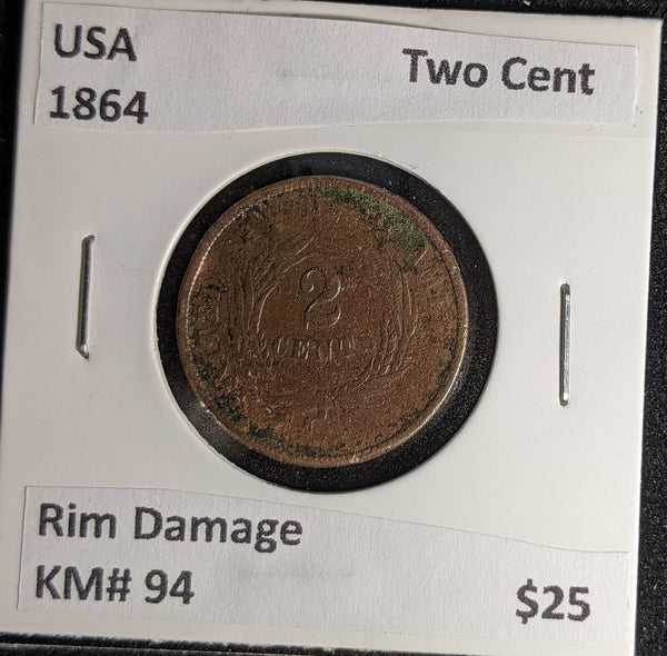 USA 1864 Two Cent KM# 94 Rim Damage #196 #29A