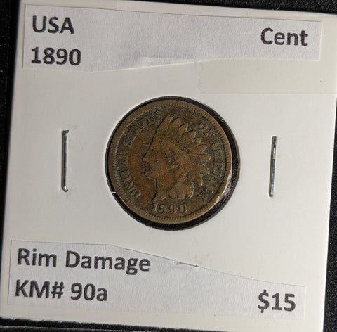 USA 1890 Cent KM# 90a Rim Damage #242 #29A