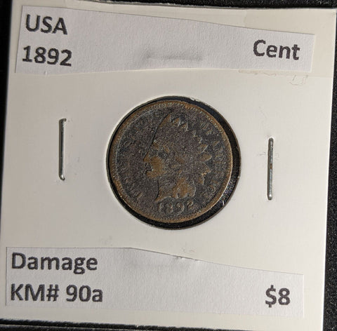 USA 1892 Cent KM# 90a Damage #250 #29A