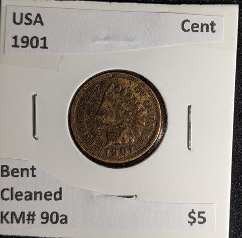 USA 1901 Cent KM# 90a Bent Cleaned #208 #29B