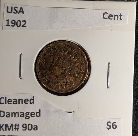 USA 1902 Cent KM# 90a Cleaned Damaged #276 #29C