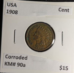 USA 1908 Cent KM# 90a Corroded #033 #30B