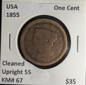 USA 1855 Upright 55 One Cent KM# 67 Cleaned #198 #30C