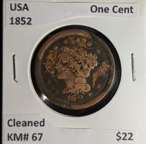 USA 1852 One Cent KM# 67 Cleaned #211 #30B