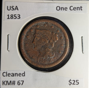 USA 1853 One Cent KM# 67 Cleaned #214 #30C