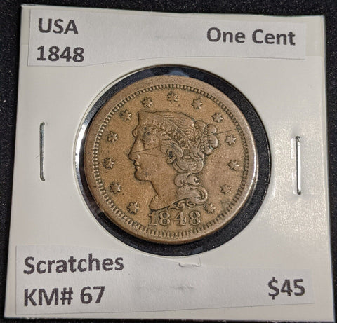 USA 1848 One Cent KM# 67 Scratches #209 #30C