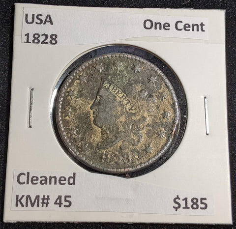 USA 1828 One Cent KM# 45 Cleaned #232 #30C