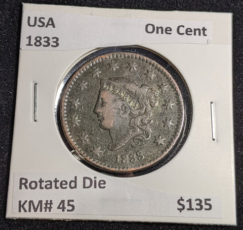 USA 1833 One Cent KM# 45 Rotated Die #233 #30C