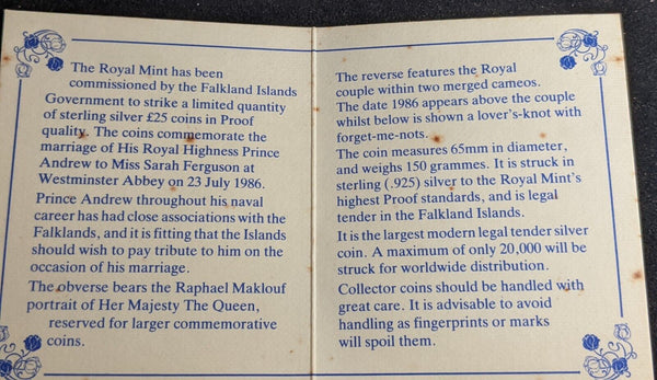 Falkland Islands Proof 1986 25 Pounds Silver Prince Andrew's Wedding KM# 23 #002