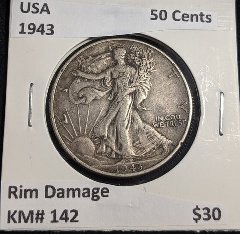 USA 1943 50 Cents KM# 142 Rim Damage #162 #31B
