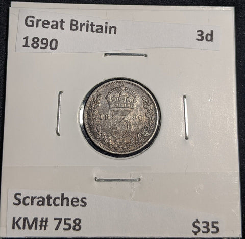 Great Britain 1890 Threepence 3d KM# 758 Scratches #002 #31B