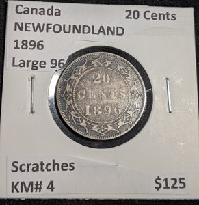 Canada 1896 NEWFOUNDLAND 20 Cents Large 96 Scratches KM# 4 #212 #31B