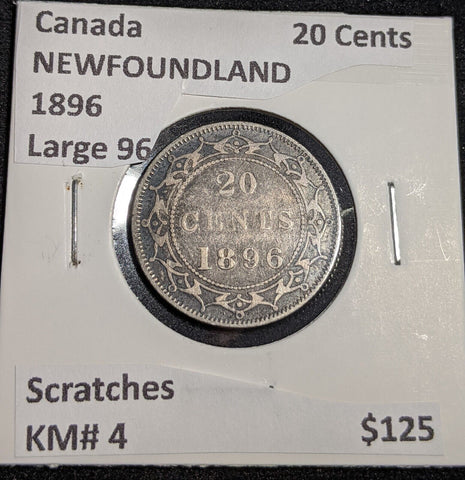 Canada 1896 NEWFOUNDLAND 20 Cents Large 96 Scratches KM# 4 #212 #31B