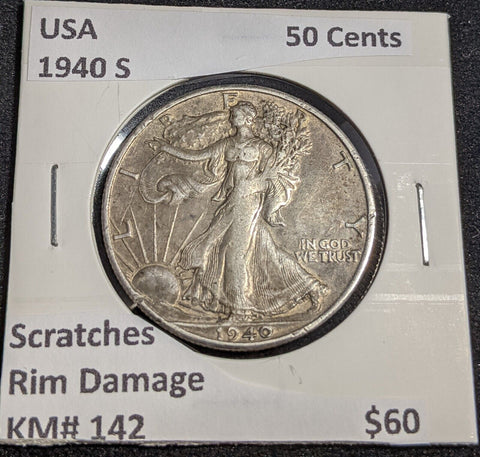 USA 1940 S 50 Cents Scratches Rim Damage KM# 142 #191 #31B