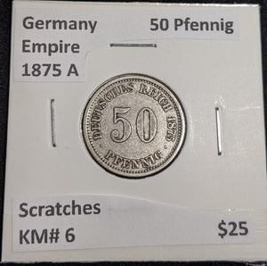 Germany Empire 1875 A 50 Pfennig KM# 6 Scratches #009 #31A