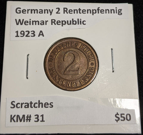 Germany Weimar Republic 1923 A 2 Rentenpfennig KM# 31 Scratches #011 #32A