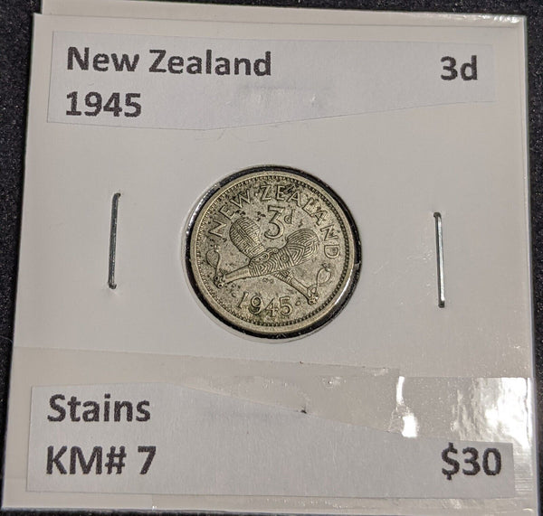 New Zealand 1945 Threepence 3d KM# 7 Stains #032 #32A