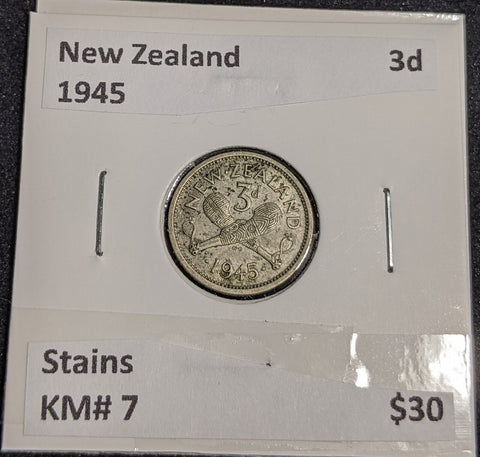 New Zealand 1945 Threepence 3d KM# 7 Stains #032 #32A