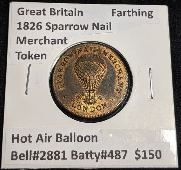 GB 1826 Farthing Merchant Token Sparrow Nail Hot Air Balloon Bell#2881 #017#32A