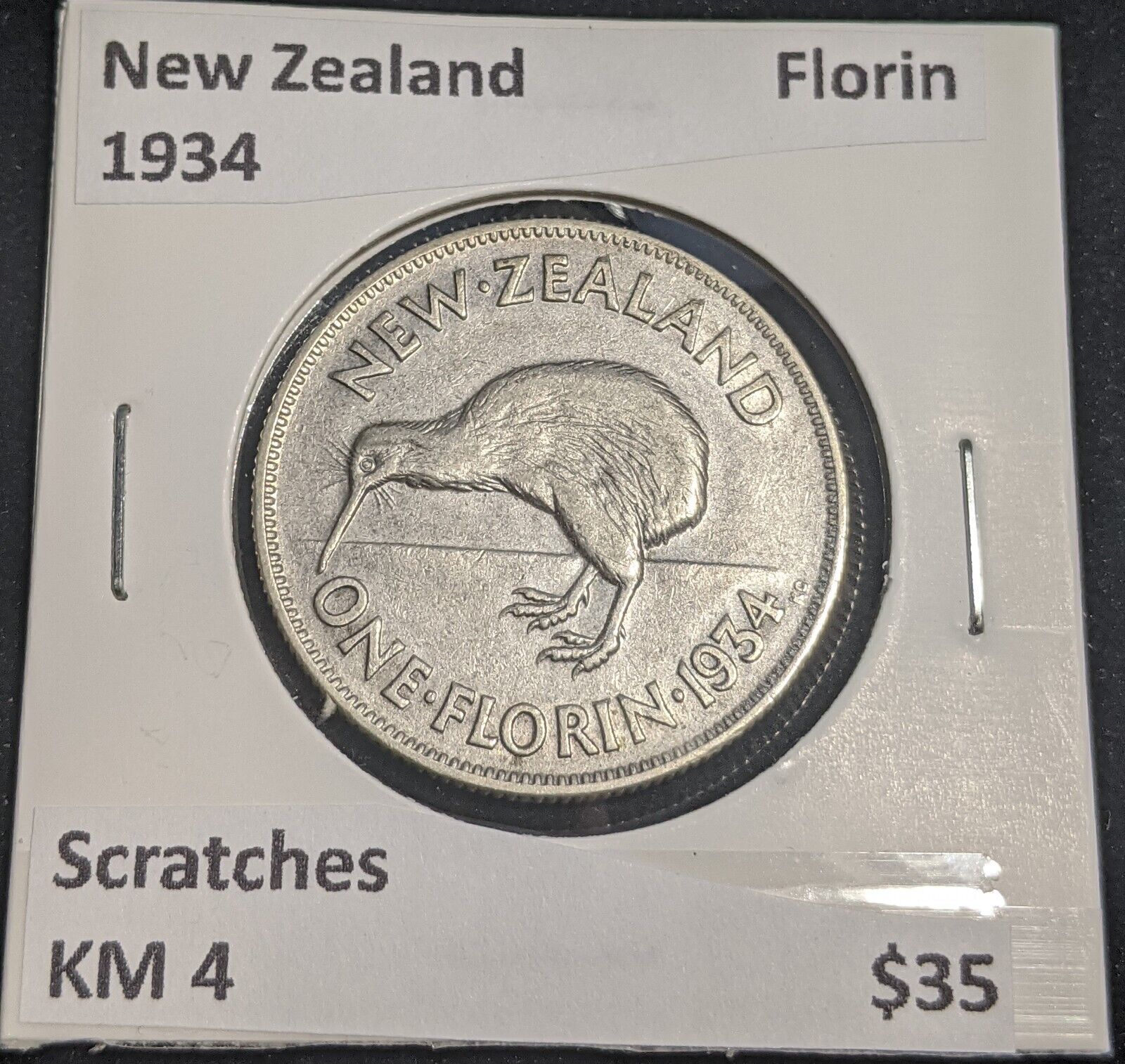 New Zealand 1934 Florin KM 4 Scratches #030 #32B
