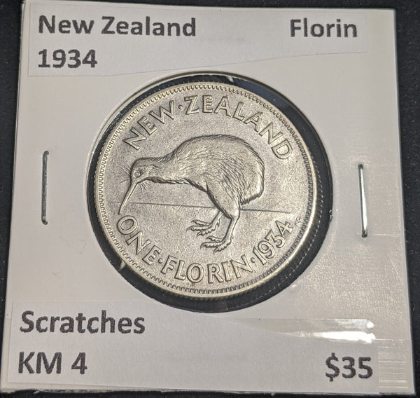 New Zealand 1934 Florin KM 4 Scratches #030 #32B