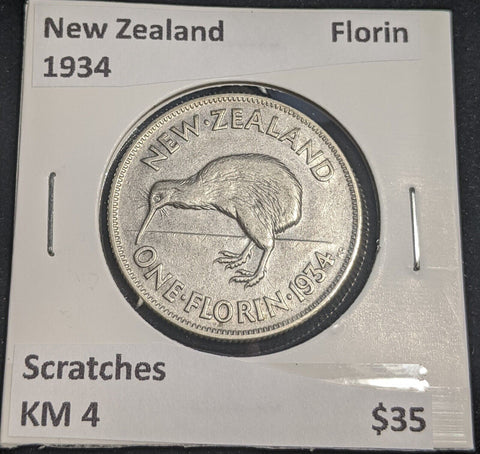 New Zealand 1934 Florin KM 4 Scratches #030 #32B
